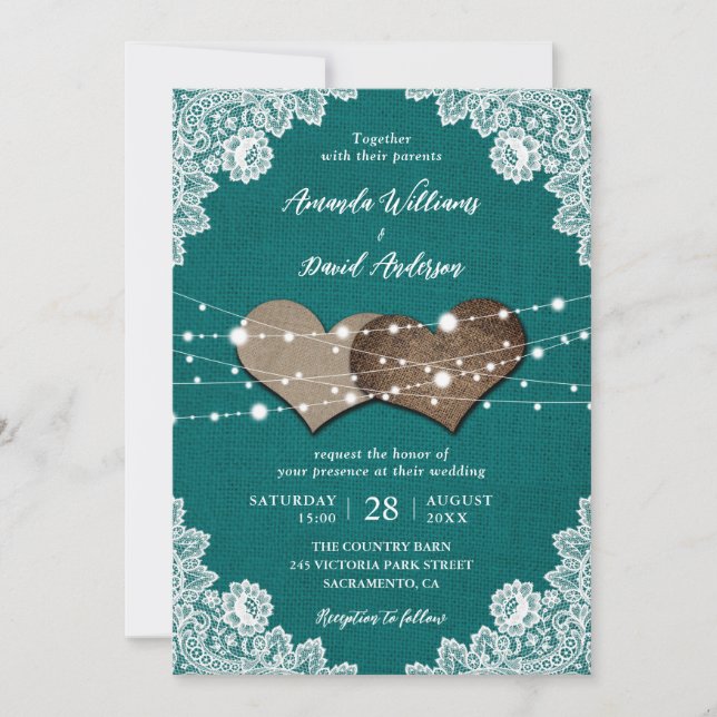 Rustic Country Teal Burlap Lace Wedding Invitation (Front)