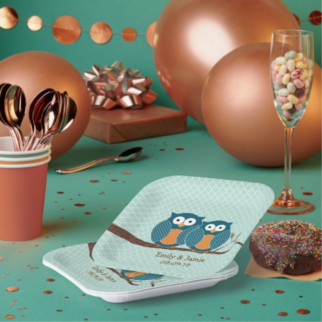 Rustic Country Teal Cute Owls Sitting in a Tree  P Paper Plate (Multi)
