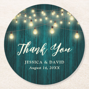 Rustic Country Teal Wedding Thank You Round Paper Coaster