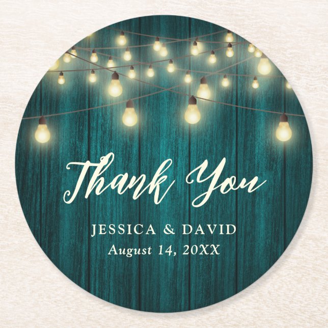 Rustic Country Teal Wedding Thank You Round Paper Coaster (Front)
