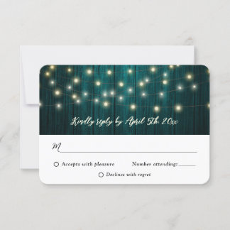 Rustic Country Teal Wood Fairy Lights Wedding RSVP Card