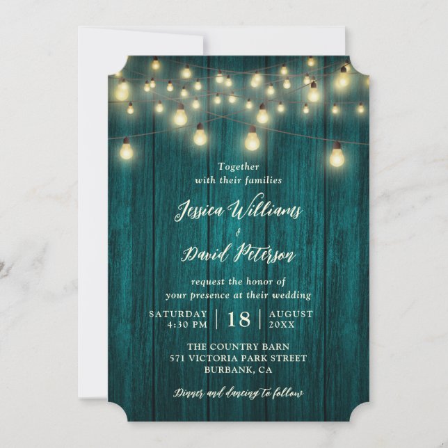 Rustic Country Teal Wood String Lights Wedding Invitation (Front)