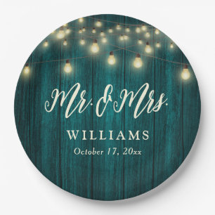 Rustic Country Teal Wood String Lights Wedding Paper Plate
