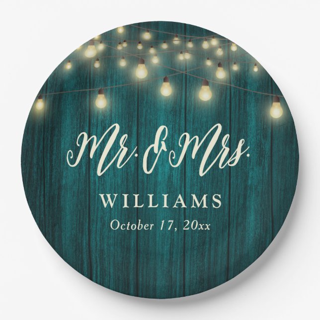 Rustic Country Teal Wood String Lights Wedding Paper Plate (Front)