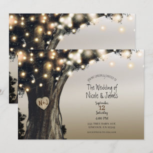 Rustic Country Tree & Lights Modern Barn Wedding Invitation