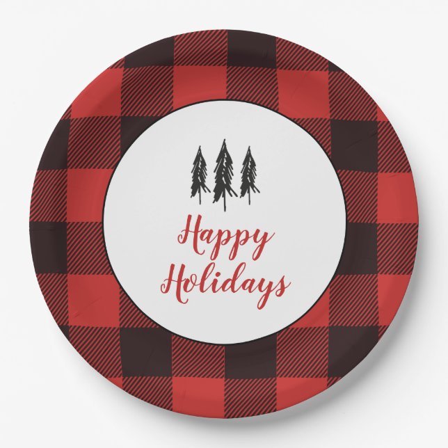 Rustic Country Tree Red and Black Flannel Pattern Paper Plate (Front)