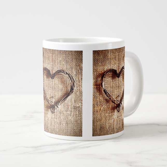 Rustic Country Twine Heart on Burlap Print Large Coffee Mug (Front Right)
