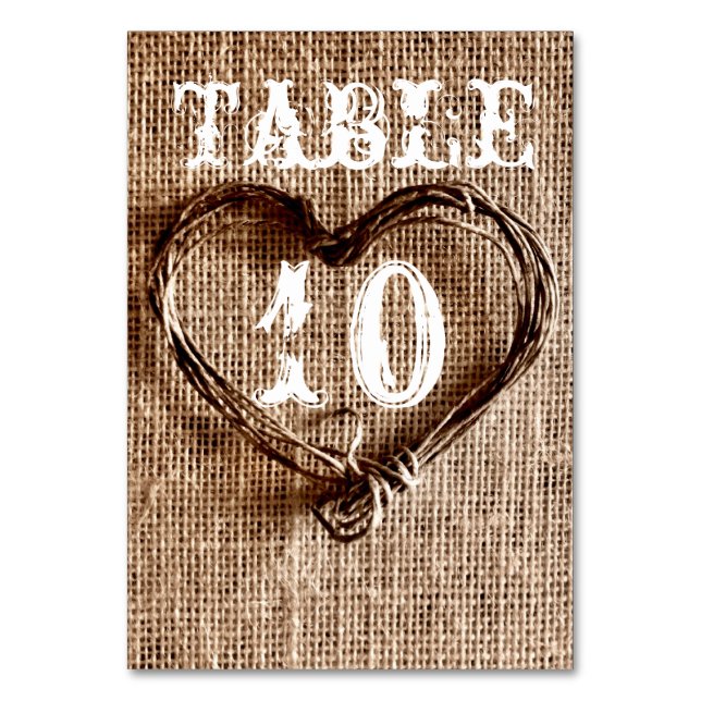 Rustic Country Twine Heart Wedding Table Numbers (Front)