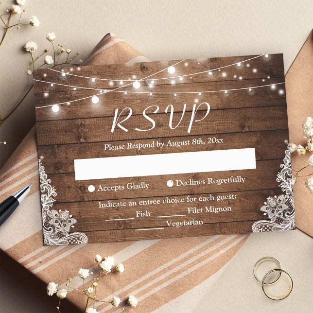 Rustic Country Twinkle Lights Lace Barn Wood RSVP Card (Creator Uploaded)