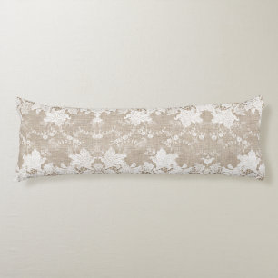 Rustic country vintage beige burlap and white lace body pillow