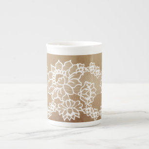 Rustic country vintage beige burlap and white lace bone china mug