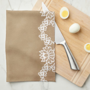 Rustic country vintage beige burlap and white lace kitchen towel