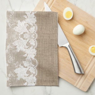 Rustic country vintage beige burlap and white lace kitchen towel
