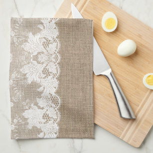 Rustic country vintage beige burlap and white lace kitchen towel