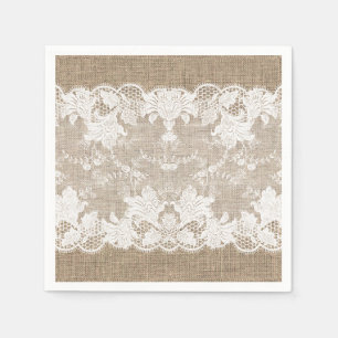 Rustic country vintage beige burlap and white lace napkin