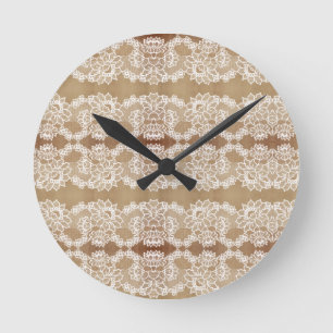 Rustic country vintage beige burlap and white lace round clock