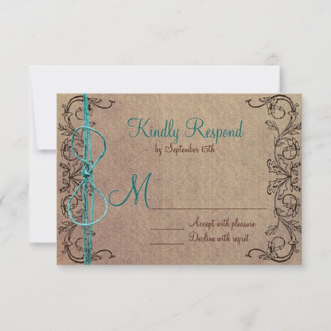 Rustic Country Vintage Brown Teal Wedding RSVP (Front)