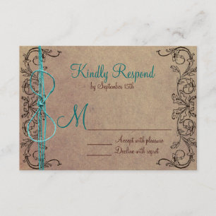 Rustic Country Vintage Brown Teal Wedding RSVP Card