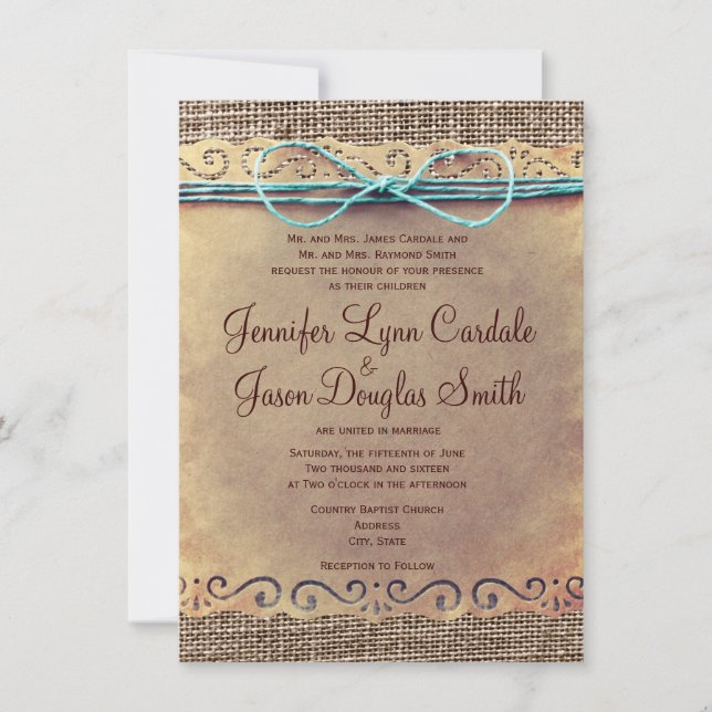 Rustic Country Vintage Burlap Wedding Invitations (Front)