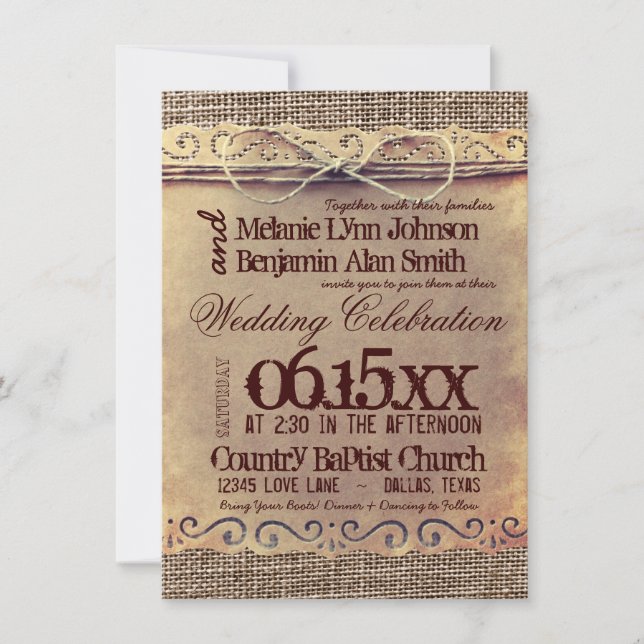 Rustic Country Vintage Burlap Wedding Invitations (Front)