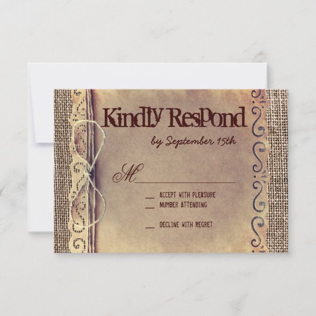 Rustic Country Vintage Burlap Wedding RSVP Cards (Front)