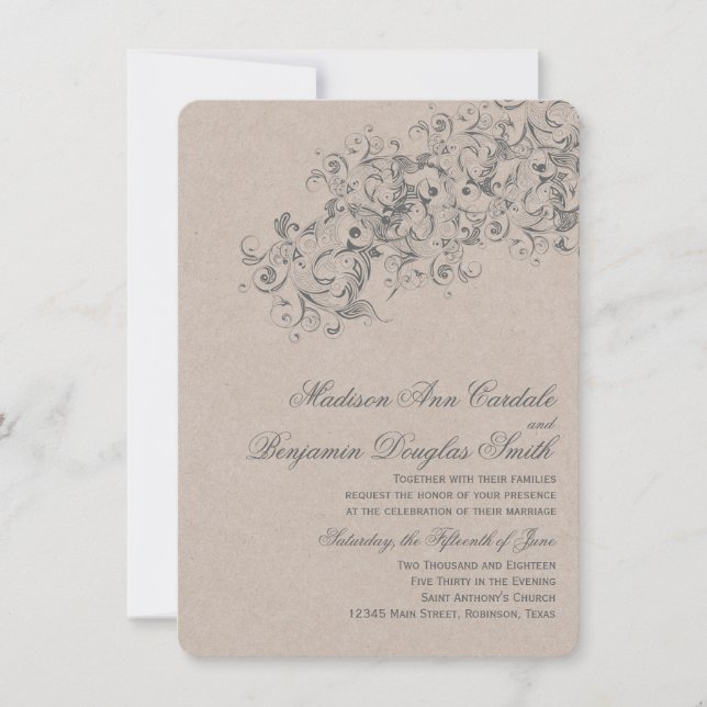 Rustic Country Vintage Flourish Wedding Invites (Front)