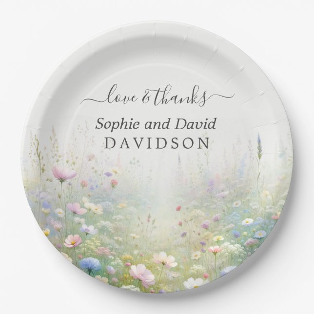 Rustic Country Watercolour Wildflowers Wedding Paper Plate (Front)