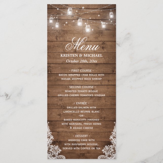 Rustic Country Wedding Menu | String Lights Wood (Front)