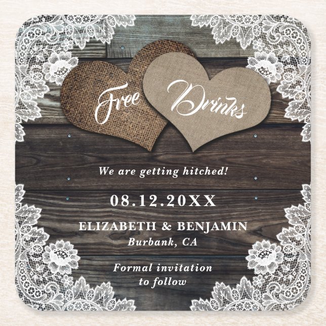 Rustic Country Wedding Save The Date Square Paper Coaster (Front)