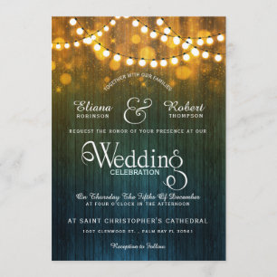 Rustic country wedding string lights bokeh invitation