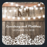 Rustic Country Wedding | String of Lights Square Sticker<br><div class="desc">Baby's Breath String of Lights Wedding Stickers | barn oak barrel background, twinkle string lights, baby's breath and modern wedding wording. Find other country wedding stickers at http://www.zazzle.com/special_stationery Click on the “Customize it” button for further personalization of this template. You will be able to modify all text, including the style,...</div>