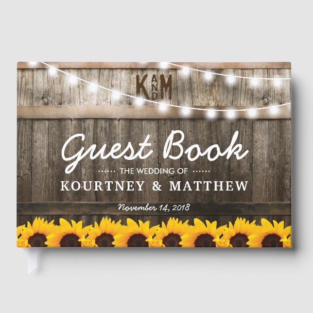 Rustic Country Wedding | Sunflower String Lights Guest Book (Front)
