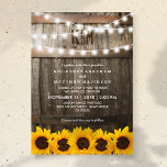 Rustic Country Wedding | Sunflower String Lights Invitation<br><div class="desc">Capture your wedding day with a beautiful,  timeless design! Our rustic-inspired décor evokes the perfect country-chic atmosphere with dark oak barrels,  twinkle string lights,  golden yellow sunflowers,  and your personalized monogram. Make your special day truly unique and leave your guests with a lasting impression.</div>