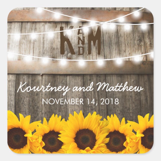 Rustic Country Wedding | Sunflower String Lights Square Sticker (Front)