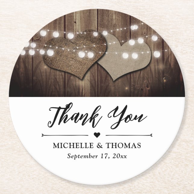 Rustic Country Wedding Thank You Paper Coasters (Front)