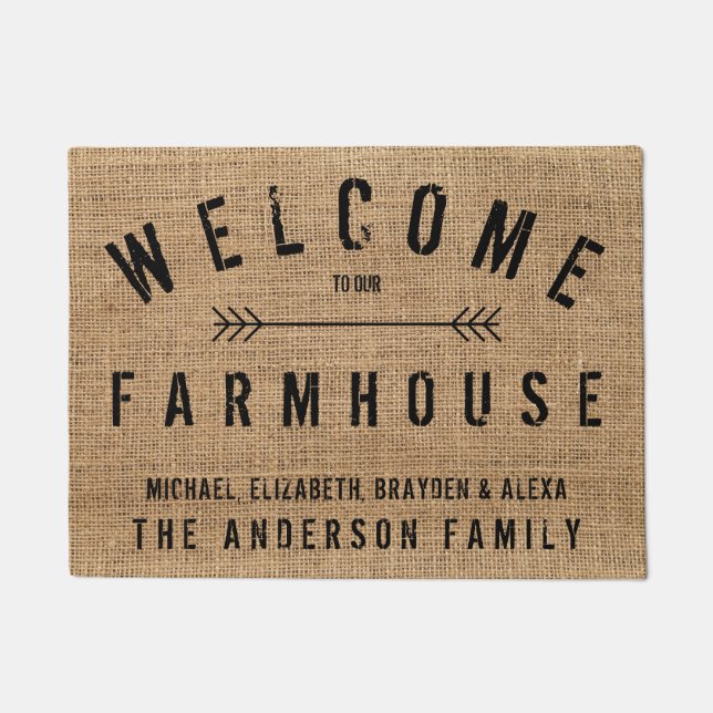 Rustic Country Welcome to our Farmhouse Burlap Doormat (Front)