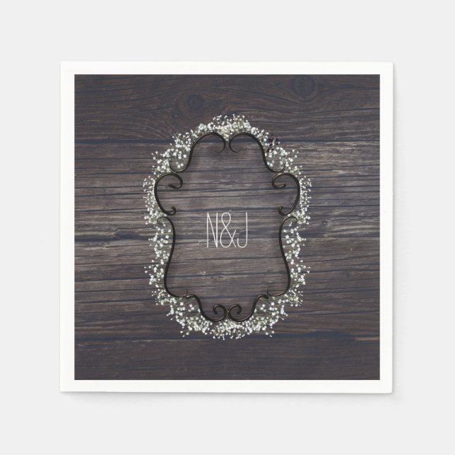 Rustic Country Western Babys Breath & Wood Napkin (Front)