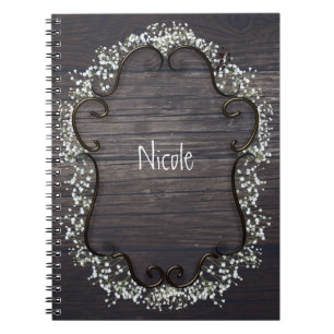Rustic Country Western Babys Breath & Wood Notebook