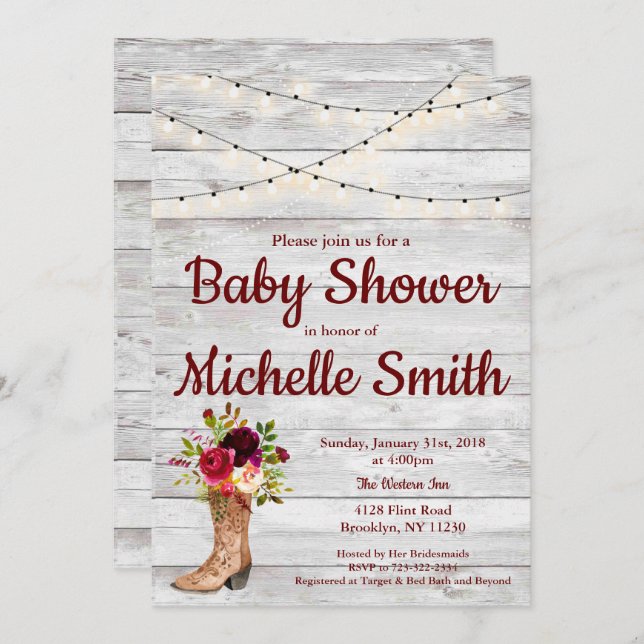 Rustic Country Western Boot Vintage Baby Shower Invitation (Front/Back)