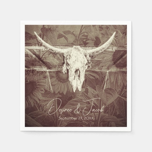 Rustic Country Western Brown Sunflowers Bull Skull Napkin (Front)