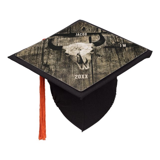 Rustic Country Western Bull Cow Skull  Graduation Cap Topper (Angled)