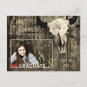 Rustic Country Western Bull Cow Skull Graduation Postcard