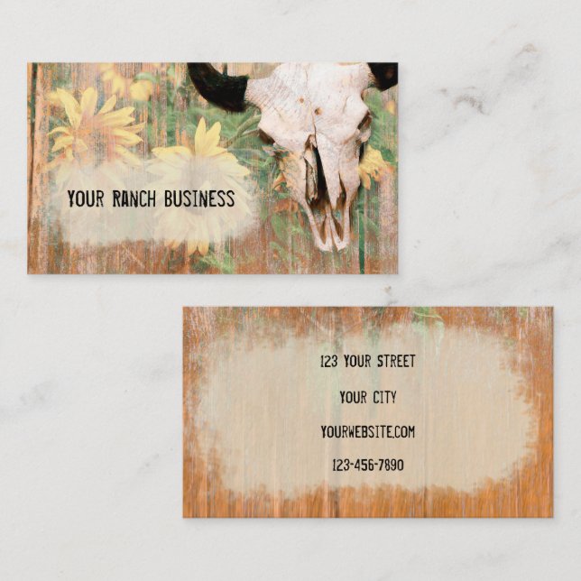 Rustic Country Western Bull Skull Sunflowers Wood Business Card (Front/Back)