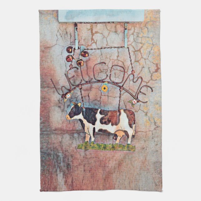 Rustic Country Western Cow Farmhouse Kitchen Towel (Vertical)
