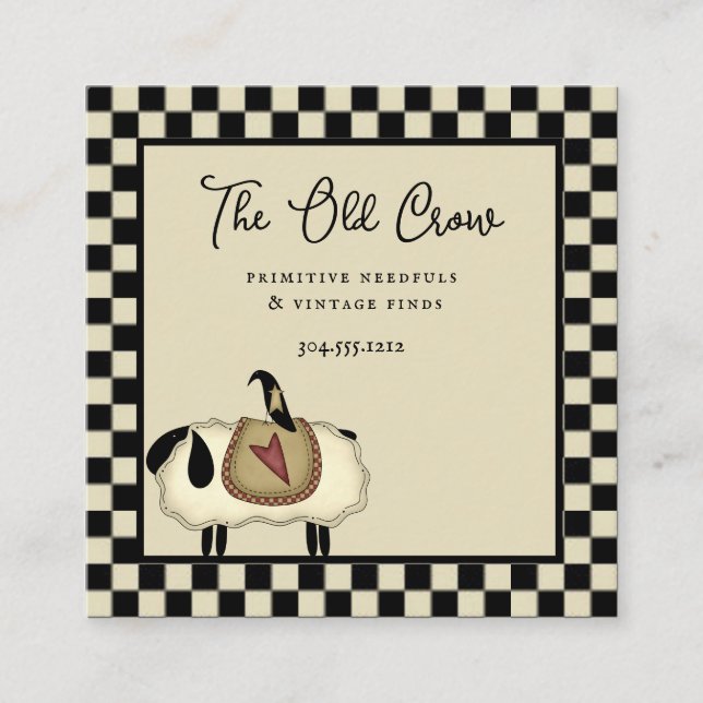 Rustic Country Whimsical Checks and Crows  Square Business Card (Front)