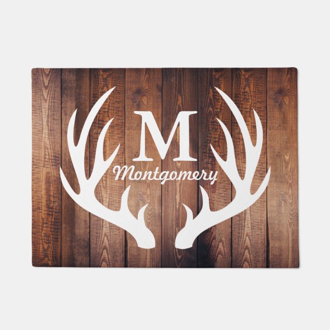 Rustic Country White Deer Antlers Barn Wood Planks Doormat (Front)