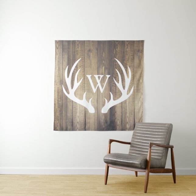 Rustic Country White Deer Antlers Barn Wood Tapestry (In Situ)