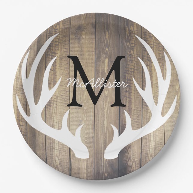 Rustic Country White Deer Antlers Light Barn Wood Paper Plate (Front)
