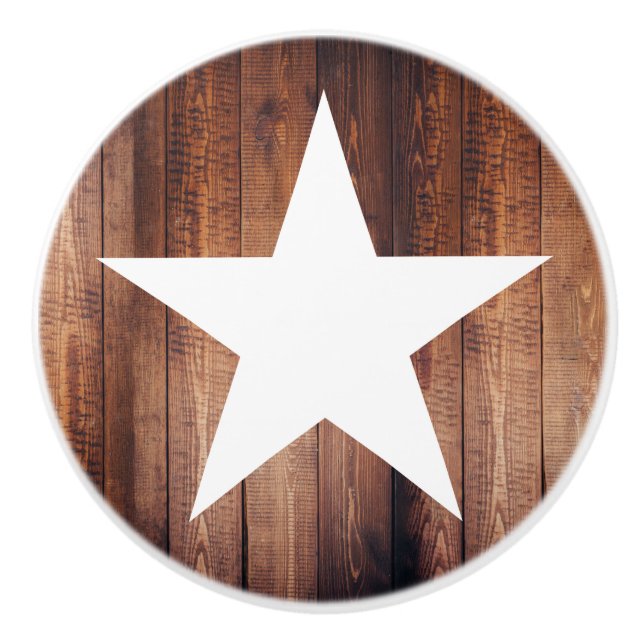 Rustic Country White Star & Wood Planks Ceramic Knob (Front)