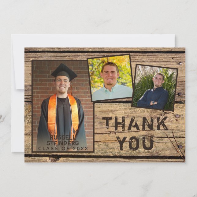 Rustic Country Wood 3 Photo Graduation Thank You Card (Front)